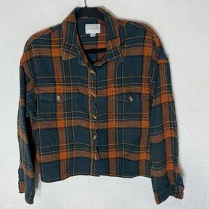 American Eagle Green Orange Plaid Cropped Button Up Shirt XL